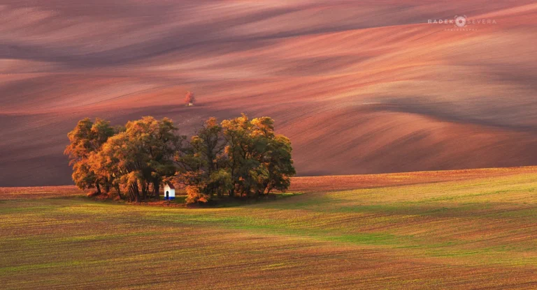 Barborka Chapel above the autumn fields in September, Moravian Tuscany