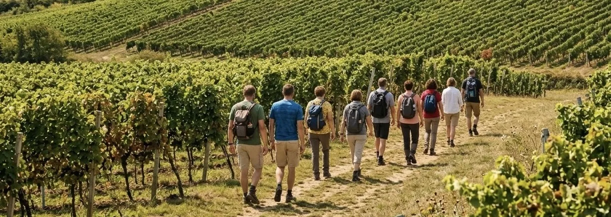 Cyclists on a field road between vineyards in Moravian Tuscany