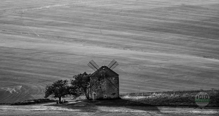 Kunkovice Windmill, in black and white