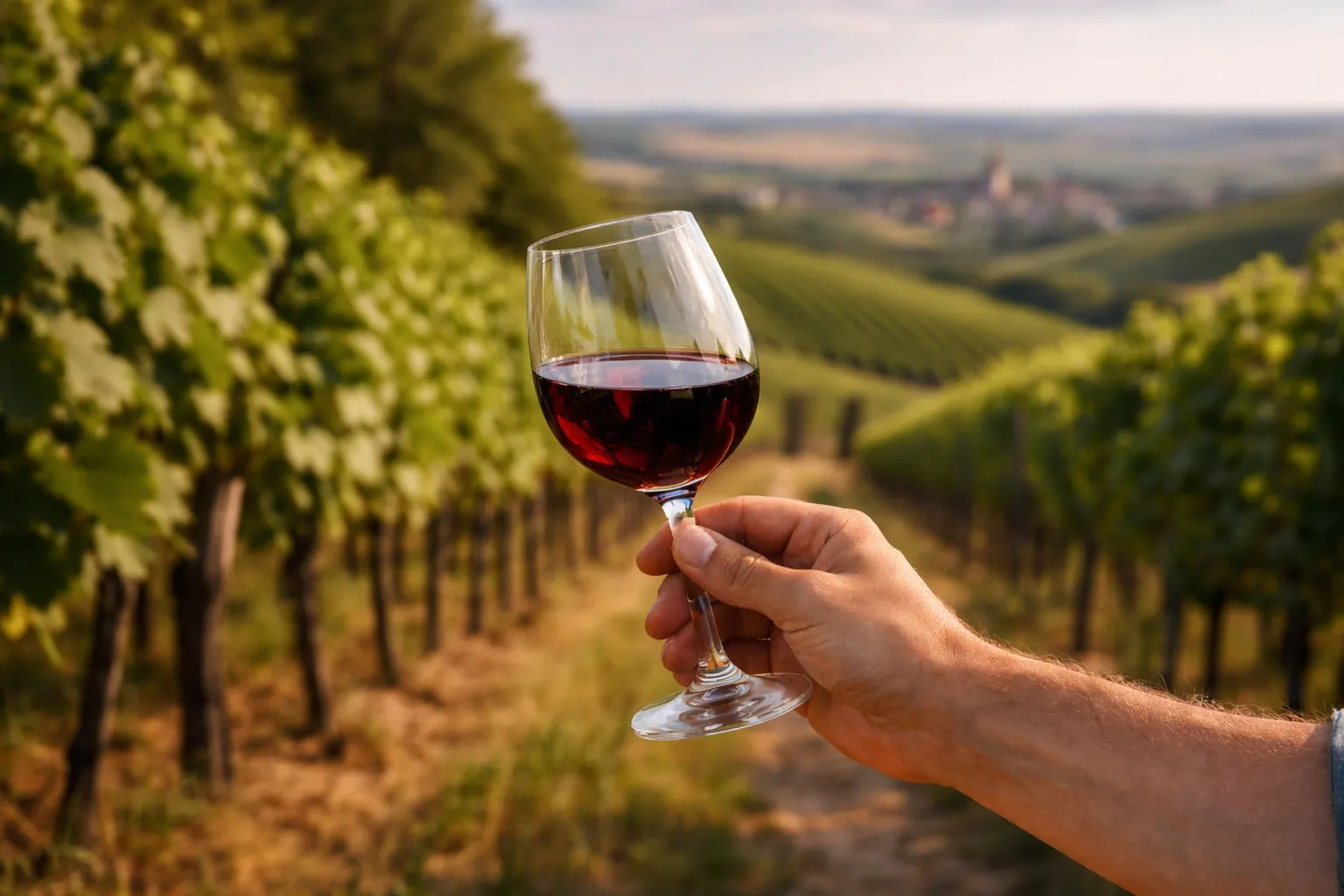 A glass of Moravian white wine against the vineyard terroir